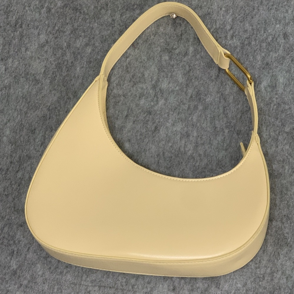 Madison West Crescent Shaped Cream Purse Shoulder Bag Faux Leather Top Zip